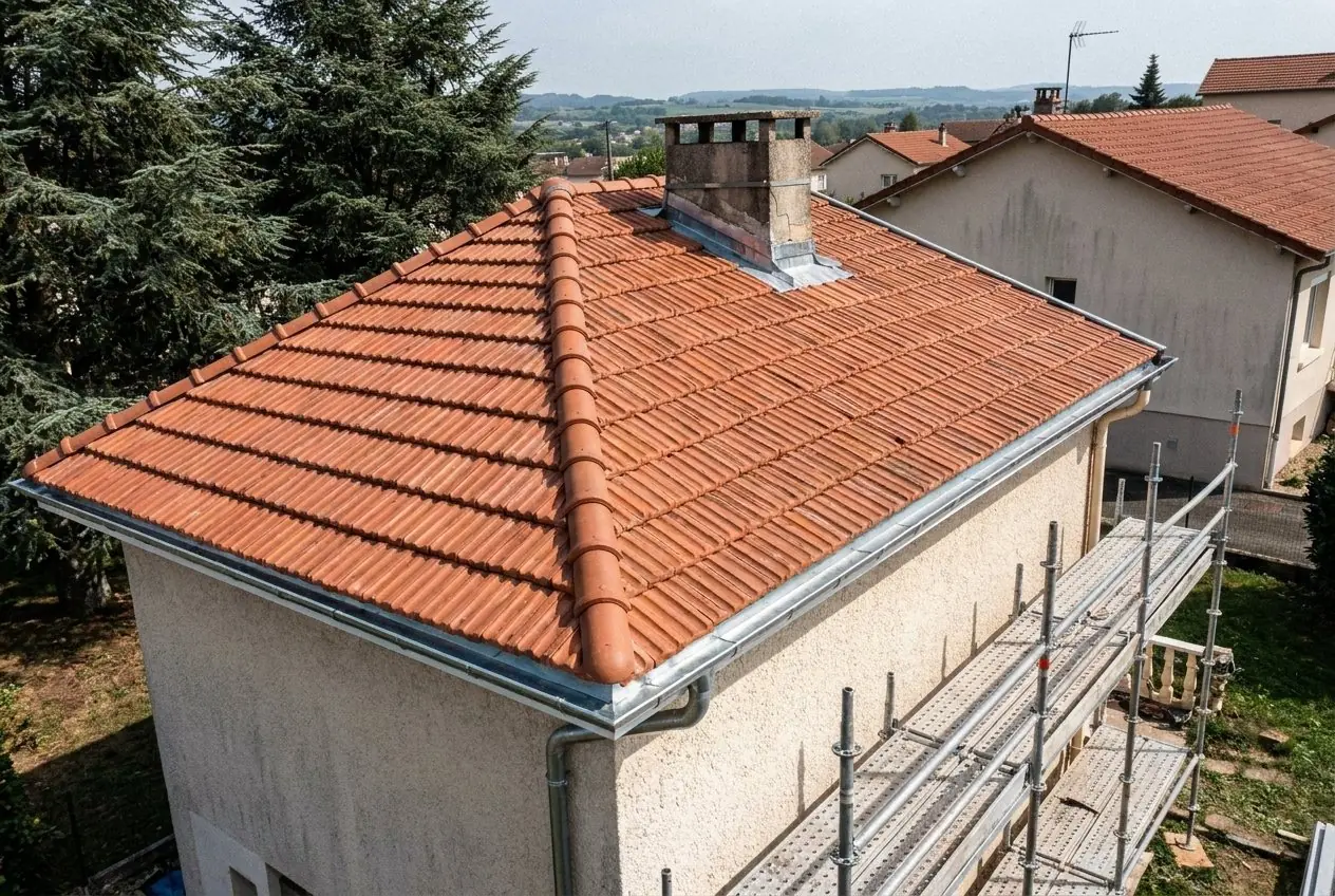 Toiture à quatre pans refaite en tuiles mécaniques avec arêtiers et abergement de cheminée en zinc, Saint-Just-Saint-Rambert