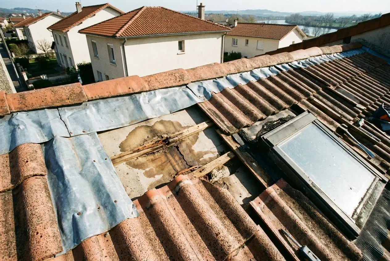 Avant : fenêtre de toit avec liteaux pourris, zinc de noue déformé et tuiles déposées, Saint-Just-Saint-Rambert