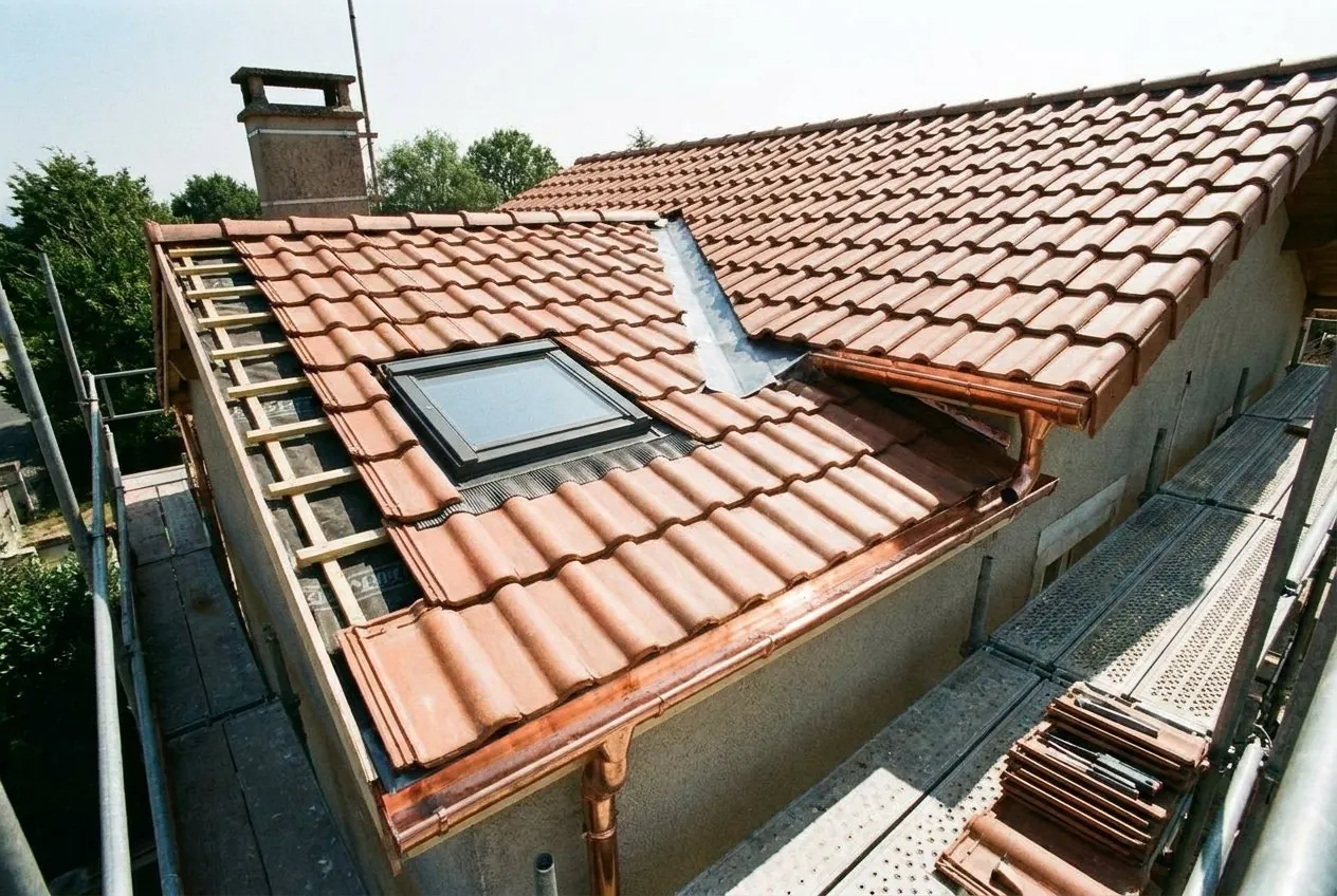 Velux neuf posé dans une couverture en tuiles avec gouttière en cuivre, La Fouillouse